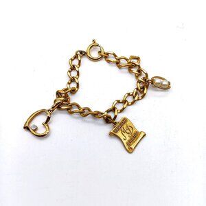 Vintage Starter Charm Bracelet, Gold Tone Curb Links Bangle with 3 Charms, Avon